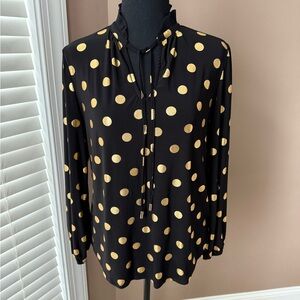 Anne Klein Women’s Black Gold Metallic Polka Dot Long Sleeve Blouse Size Medium